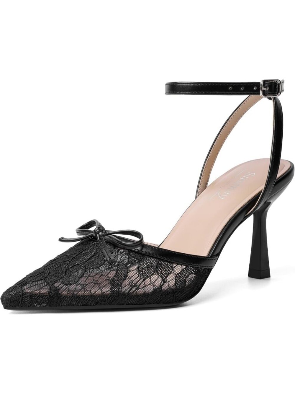 Women's Black Bow Lace Elegant Closed Pointed Toe Strappy Stiletto Pumps Shoes